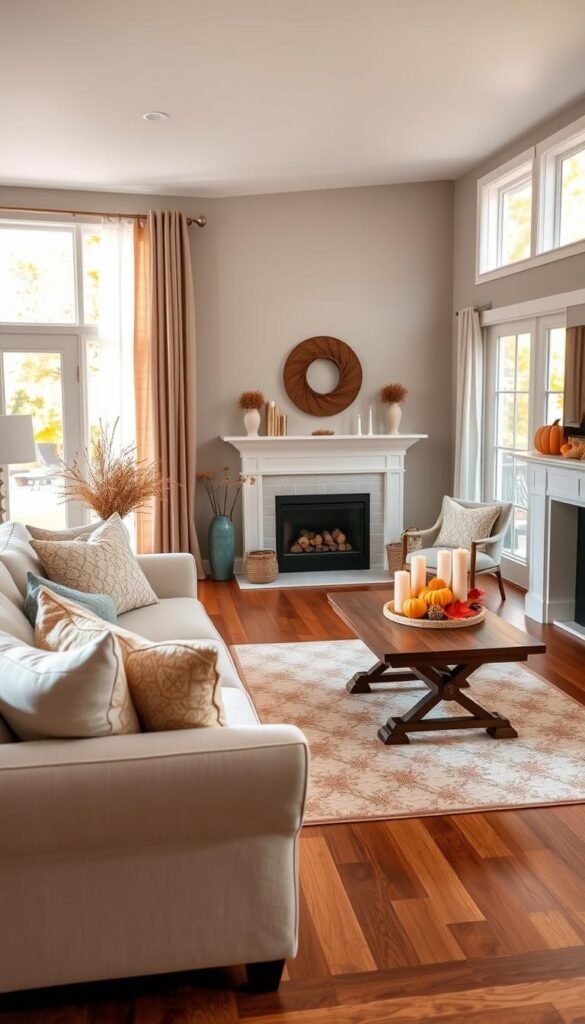A cozy, inviting living room and entryway designed for fall, featuring a warm, neutral color palette. In the foreground, there's a plush, light-colored sofa adorned with soft, autumn-themed cushions, accompanied by a sturdy wooden coffee table with decorative candles and a seasonal centerpiece of colorful leaves and small pumpkins. The middle of the room showcases an elegant area rug on hardwood flooring, while a gently glowing fireplace adds warmth. In the background, large windows let in soft, natural light, framed by sheer curtains, with hints of golden fall foliage visible outside. The atmosphere is calm and serene, ideal for high-traffic areas, emphasizing comfort and seasonal charm. The scene captures a relaxed yet tidy ambiance, showcasing the essence of fall cleaning in a chic living space.