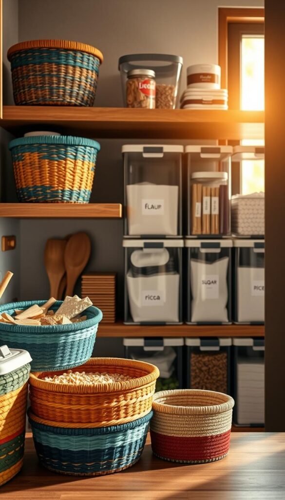A cozy kitchen scene featuring stackable baskets and modular cubes organized neatly on wooden shelves. In the foreground, a set of three colorful woven baskets in shades of teal, mustard, and terracotta, filled with various dry goods such as pasta, grains, and snacks. The middle section showcases sleek, transparent modular cubes with airtight lids, each containing labeled ingredients like flour, sugar, and rice, neatly arranged for easy access. In the background, warm sunlight streams through a window, casting soft shadows and creating a welcoming atmosphere. The composition is shot at eye level with a slightly blurred depth of field, giving a sense of organization and modern elegance ideal for enhancing kitchen storage. A cozy kitchen scene featuring stackable baskets and modular cubes organized neatly on wooden shelves. In the foreground, a set of three colorful woven baskets in shades of teal, mustard, and terracotta, filled with various dry goods such as pasta, grains, and snacks. The middle section showcases sleek, transparent modular cubes with airtight lids, each containing labeled ingredients like flour, sugar, and rice, neatly arranged for easy access. In the background, warm sunlight streams through a window, casting soft shadows and creating a welcoming atmosphere. The composition is shot at eye level with a slightly blurred depth of field, giving a sense of organization and modern elegance ideal for enhancing kitchen storage.