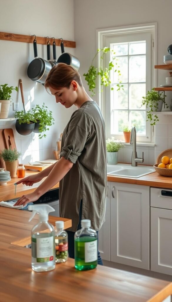 A cozy kitchen scene showcasing gentle habits of daily cleaning. In the foreground, a person in modest casual clothing is gently wiping down a wooden countertop, surrounded by neatly arranged natural cleaning supplies. The middle ground features a well-organized kitchen with pots and pans hanging, fresh herbs in pots, and sunlight streaming through a window, creating a warm, inviting atmosphere. In the background, a clean sink and a colorful fruit bowl add to the homely vibe. Use soft, diffused lighting to enhance the feeling of tranquility and ease, with a slightly elevated angle that captures the harmonious arrangement of the kitchen. The overall mood is serene, emphasizing the ease and simplicity of maintaining a clean space through gentle, everyday habits.