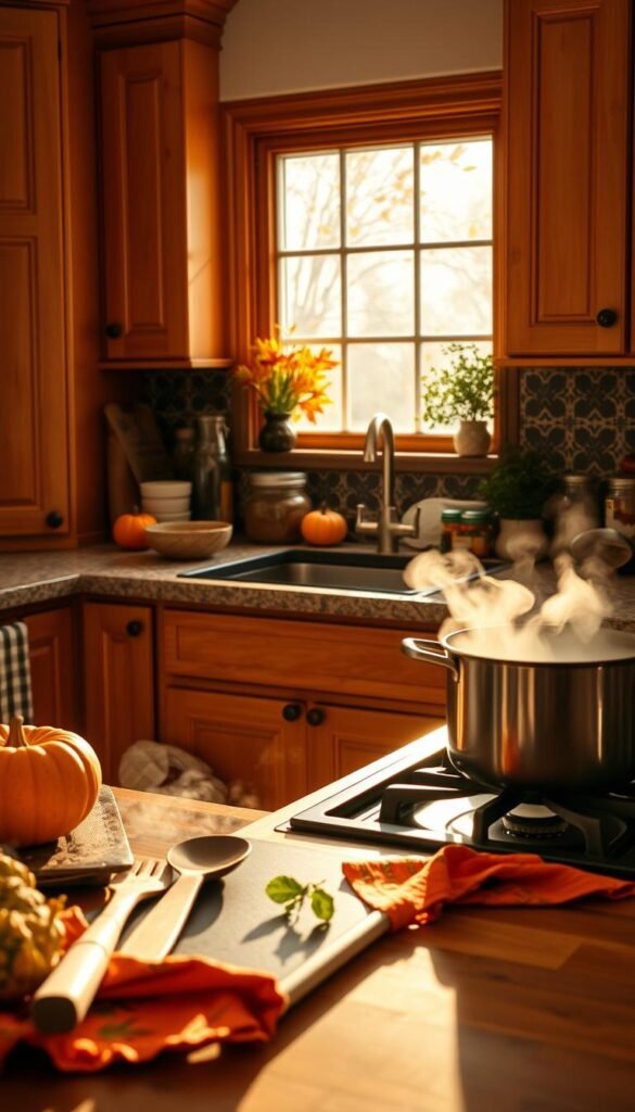 A cozy kitchen setting for cold weather cooking, featuring warm wooden cabinets and a rustic farmhouse table cluttered with seasonal ingredients like pumpkins, squash, and vibrant fall herbs. In the foreground, a steaming pot simmers on the stove, with a few kitchen utensils scattered nearby—a wooden spoon and a vibrant dish towel. The middle ground showcases an organized countertop with jars of spices and fresh produce, framed by a stylish, patterned backsplash. In the background, a window reveals a chilly autumn scene, with softly falling leaves. The image is bathed in warm, gently diffused sunlight, creating an inviting and nurturing atmosphere. Use a warm color palette to enhance the feeling of comfort and seasonal warmth, shot from a slightly elevated angle to capture the entire kitchen layout beautifully.