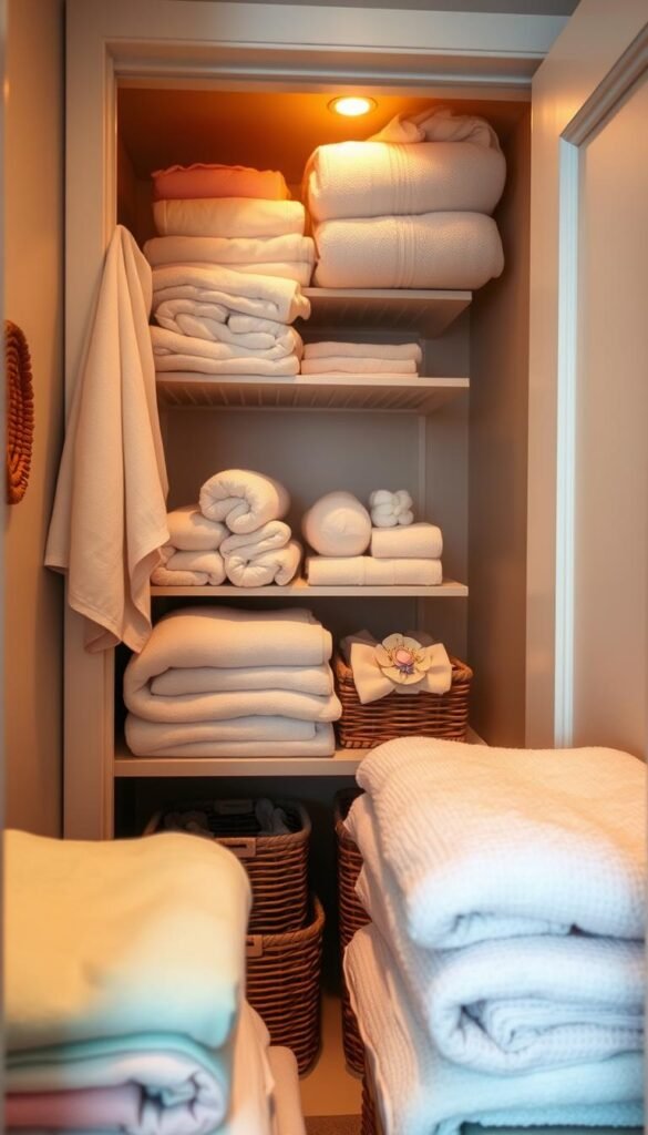A cozy linen closet in a small space, showcasing neatly organized towels and linens. The foreground features stacked, folded bath towels in soft pastel colors, with a few decorative baskets for additional storage. In the middle, a small shelf displays various washcloths and linen napkins, while a delicate lavender scent sachet adds a touch of charm. The background reveals an open closet door, with warm, ambient lighting illuminating the contents. The overall atmosphere conveys a sense of calm and organization, perfect for maximizing storage in tiny areas. The scene is captured from an angle that emphasizes depth, highlighting the closet's clever use of space, with a slightly blurred effect to draw focus to the vibrant textures of the linens. A cozy linen closet in a small space, showcasing neatly organized towels and linens. The foreground features stacked, folded bath towels in soft pastel colors, with a few decorative baskets for additional storage. In the middle, a small shelf displays various washcloths and linen napkins, while a delicate lavender scent sachet adds a touch of charm. The background reveals an open closet door, with warm, ambient lighting illuminating the contents. The overall atmosphere conveys a sense of calm and organization, perfect for maximizing storage in tiny areas. The scene is captured from an angle that emphasizes depth, highlighting the closet's clever use of space, with a slightly blurred effect to draw focus to the vibrant textures of the linens.