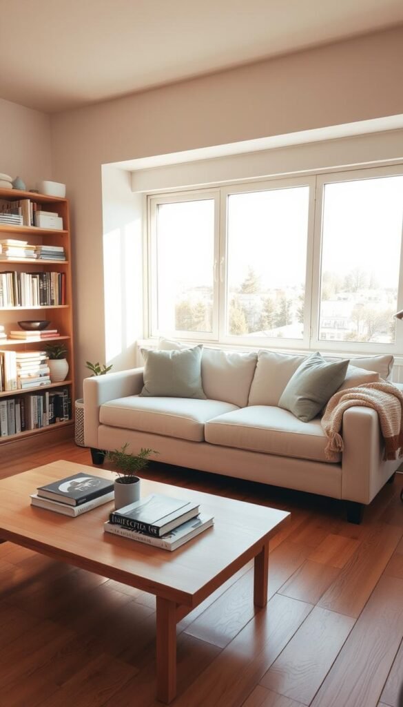 A cozy living room designed for decluttering, featuring a stylish yet minimalist aesthetic. In the foreground, a neatly arranged coffee table with a few artfully placed books and a small plant. In the middle, a comfortable sofa adorned with soft, neutral-colored cushions and a throw blanket, perfectly complementing the wooden floor. To the left, a well-organized bookshelf filled with orderly rows of books and decorative items. A large window in the background lets in warm, soft natural light, casting gentle shadows and creating an inviting atmosphere. The walls are painted in calming pastel tones, enhancing the serene vibe of the space. The overall mood is tranquil and organized, encouraging the viewer to envision an efficient approach to decluttering. The scene is captured with a wide-angle lens, providing depth and a sense of openness.