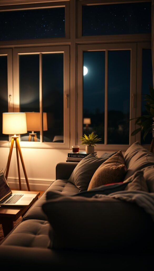 A cozy living room during a calming night scene, emphasizing a sense of peaceful organization. In the foreground, a freshly made couch with neatly arranged throw pillows and a soft blanket. To the left, a small wooden coffee table displays a closed laptop and a steaming mug of herbal tea. In the middle, a bright yet soft light glows from a stylish table lamp, illuminating tidily stacked books near a small potted plant. In the background, large windows reveal a starry night sky, with a gentle moonlight casting a serene atmosphere across the room. The overall mood is inviting and tranquil, suggesting a space ready for rest after a day of activity, viewed from a slightly elevated angle to capture the coziness of the setting. A cozy living room during a calming night scene, emphasizing a sense of peaceful organization. In the foreground, a freshly made couch with neatly arranged throw pillows and a soft blanket. To the left, a small wooden coffee table displays a closed laptop and a steaming mug of herbal tea. In the middle, a bright yet soft light glows from a stylish table lamp, illuminating tidily stacked books near a small potted plant. In the background, large windows reveal a starry night sky, with a gentle moonlight casting a serene atmosphere across the room. The overall mood is inviting and tranquil, suggesting a space ready for rest after a day of activity, viewed from a slightly elevated angle to capture the coziness of the setting.