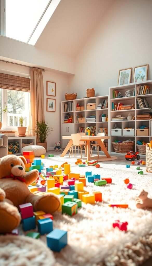 A cozy living room filled with colorful kids' toys, creating a vibrant and inviting atmosphere. In the foreground, a soft, plush rug scattered with various toys—a teddy bear, building blocks, and plush animals. The middle ground features a tidy play area with a small table and chairs, adorned with craft supplies neatly organized in baskets. The walls are bright and cheerful, with framed art made by children. Sunlight streams in through a large window, casting warm, soft light across the scene. In the background, a minimalist bookshelf displays children's books. The overall mood is playful yet serene, emphasizing a family-friendly environment that promotes easy cleaning and organization.