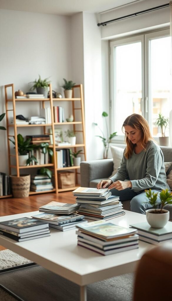 A cozy living room scene depicting a person engaged in a 10-minute decluttering session. In the foreground, a woman in modest casual attire is sorting through a pile of books and magazines on a sleek coffee table. She wears a focused expression, surrounded by minimal clutter. In the middle ground, an organized bookshelf reflects a harmonious balance, with potted plants positioned strategically for a touch of greenery. In the background, soft, natural light streams through a large window, illuminating the space and casting gentle shadows. The atmosphere is calm and productive, conveying the essence of a quick decluttering routine, inviting viewers to embrace simplicity and order in their homes.