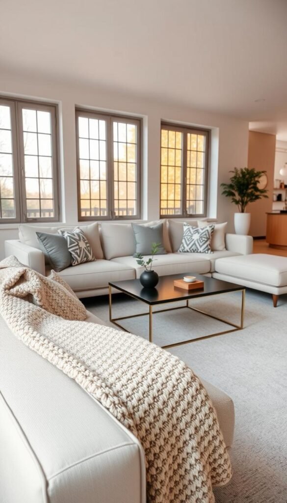 A cozy living room scene showcasing a stylish, modern sofa anchored against a wall, surrounded by elegant, minimalist furniture. In the foreground, a plush, textured throw blanket is draped across the arm of the sofa, and geometric-patterned cushions are artfully arranged. The middle of the room features a sleek coffee table adorned with a small plant and a couple of stylish coasters. In the background, large windows allow warm, natural light to flood the space, enhancing the soft, inviting atmosphere. A light, neutral color palette of soft grays and warm beiges promotes a serene vibe. The angle captures the room in a wide shot to emphasize the furniture layout and flow, encouraging viewers to imagine their own space rejuvenated by a quick rearrangement. A cozy living room scene showcasing a stylish, modern sofa anchored against a wall, surrounded by elegant, minimalist furniture. In the foreground, a plush, textured throw blanket is draped across the arm of the sofa, and geometric-patterned cushions are artfully arranged. The middle of the room features a sleek coffee table adorned with a small plant and a couple of stylish coasters. In the background, large windows allow warm, natural light to flood the space, enhancing the soft, inviting atmosphere. A light, neutral color palette of soft grays and warm beiges promotes a serene vibe. The angle captures the room in a wide shot to emphasize the furniture layout and flow, encouraging viewers to imagine their own space rejuvenated by a quick rearrangement.