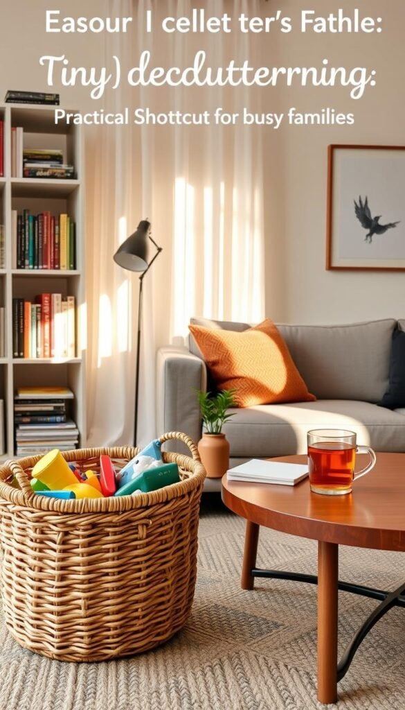 A cozy living room scene showcasing tiny decluttering habits, with a focus on practical shortcuts for busy families. In the foreground, a stylish wicker basket overflowing with children's toys sits beside a neatly organized bookshelf filled with colorful books. In the middle, a small coffee table features a decorative plant, a notepad for jotting reminders, and a mug of herbal tea. Task lighting casts a warm glow, enhancing the inviting atmosphere. In the background, soft sunlight filters through sheer curtains, illuminating a minimalist art piece on the wall. The overall mood is serene and productive, encouraging a sense of calm and order. The image captures the essence of effortless organization and simple habits for a tidy home. A cozy living room scene showcasing tiny decluttering habits, with a focus on practical shortcuts for busy families. In the foreground, a stylish wicker basket overflowing with children's toys sits beside a neatly organized bookshelf filled with colorful books. In the middle, a small coffee table features a decorative plant, a notepad for jotting reminders, and a mug of herbal tea. Task lighting casts a warm glow, enhancing the inviting atmosphere. In the background, soft sunlight filters through sheer curtains, illuminating a minimalist art piece on the wall. The overall mood is serene and productive, encouraging a sense of calm and order. The image captures the essence of effortless organization and simple habits for a tidy home.