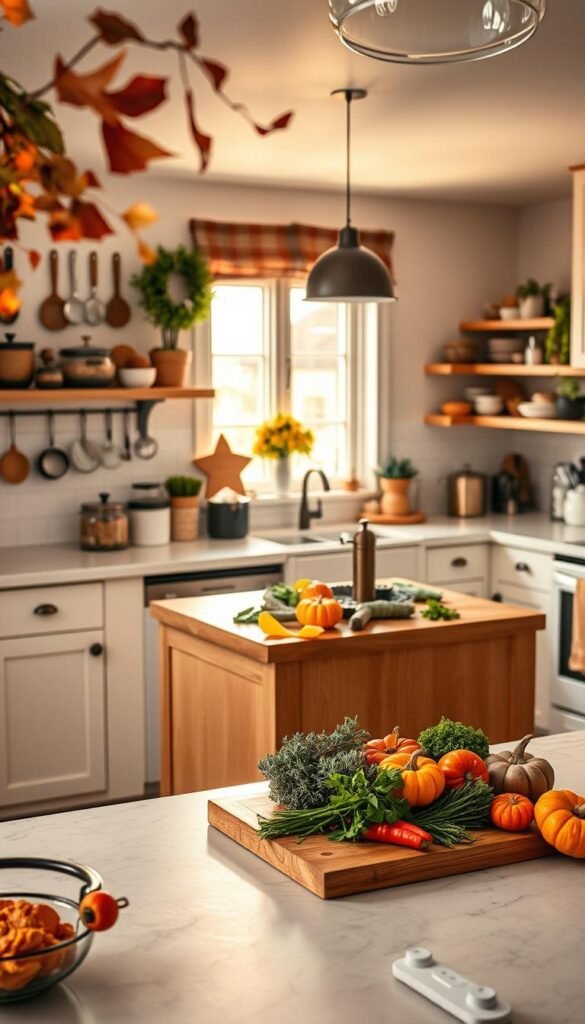 A cozy, modern kitchen in the foreground, filled with neatly organized cooking utensils and seasonal decor representing pre-holiday cheer, such as autumn leaves and small pumpkins. In the middle ground, a wooden island is adorned with a colorful array of fresh ingredients like vegetables, herbs, and fruits, all set for food preparation, with a stylish, clean countertop. In the background, warm sunlight streams through a window, highlighting the spaciousness and inviting atmosphere of the kitchen. The lighting is soft and warm, casting gentle shadows that enhance the inviting feel. The mood is warm and welcoming, perfect for the festive season, encouraging a sense of simplicity and ease in hosting. The angle is slightly elevated, capturing a wide view of the kitchen while focusing on the food prep area.