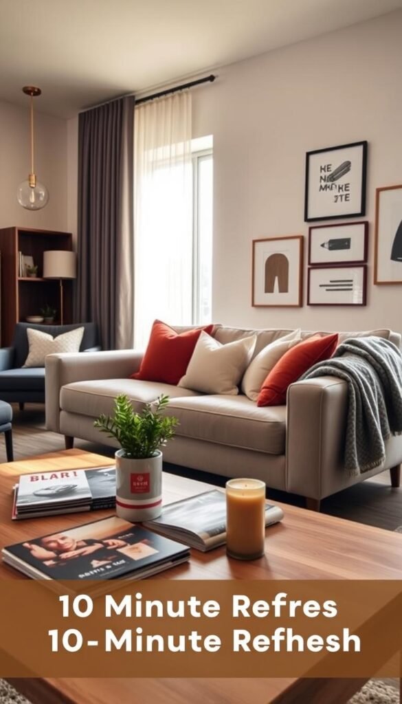A cozy, modern living room poised for a 10-minute refresh. In the foreground, a neatly arranged coffee table with a small decorative plant, a few magazines, and a scented candle. The middle features a comfortable sofa adorned with plush, colorful throw pillows and a soft blanket draped over the arm. To the side, a stylish accent chair complements the decor. In the background, a sunlit window with sheer curtains allows natural light to flood the space, highlighting a tasteful gallery wall with minimalistic art. The warm ambiance is enhanced by soft, golden lighting, creating an inviting and rejuvenating atmosphere that suggests an easy transformation. Overall, the scene conveys a sense of calm and renewal in a contemporary context. A cozy, modern living room poised for a 10-minute refresh. In the foreground, a neatly arranged coffee table with a small decorative plant, a few magazines, and a scented candle. The middle features a comfortable sofa adorned with plush, colorful throw pillows and a soft blanket draped over the arm. To the side, a stylish accent chair complements the decor. In the background, a sunlit window with sheer curtains allows natural light to flood the space, highlighting a tasteful gallery wall with minimalistic art. The warm ambiance is enhanced by soft, golden lighting, creating an inviting and rejuvenating atmosphere that suggests an easy transformation. Overall, the scene conveys a sense of calm and renewal in a contemporary context.