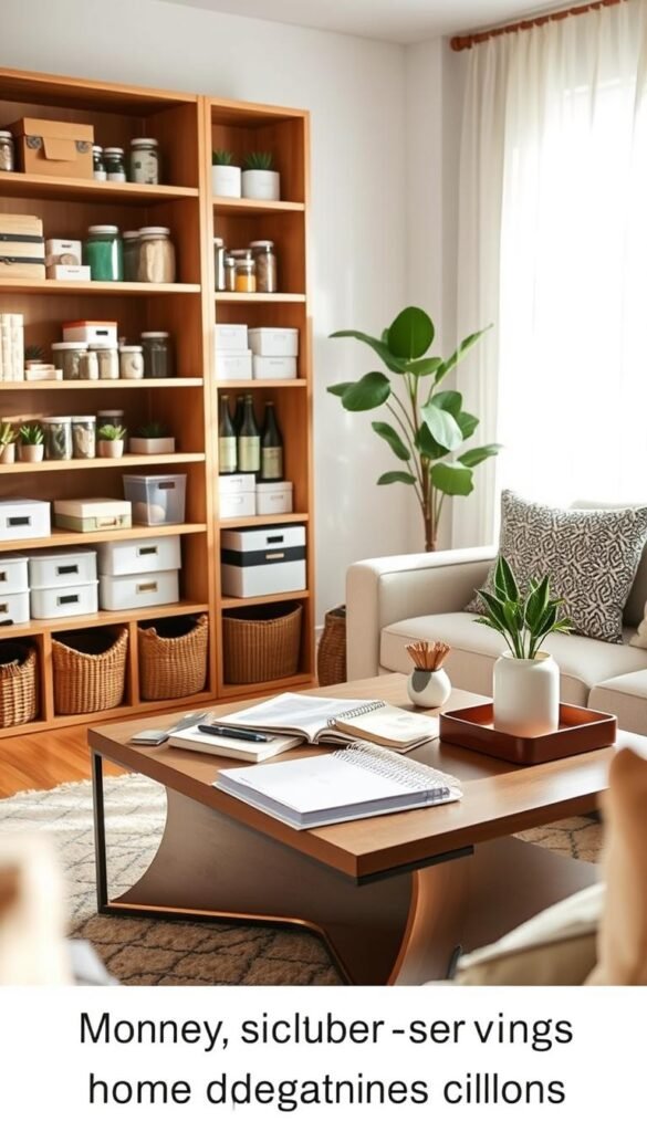 A cozy, modern living room setting filled with creative money-saving solutions for home organization. In the foreground, showcase an aesthetically appealing open bookshelf filled with neatly arranged boxes, jars of DIY cleaning supplies, and reusable containers. In the middle, display a stylish coffee table on which lies a meticulously organized planner and a few decorative plants for a touch of greenery. In the background, feature a bright window with sheer curtains allowing soft, natural light to flood the room, enhancing the space's inviting atmosphere. The scene should evoke a sense of calm and efficiency, illustrating how simple, mindful changes can contribute to a decluttered lifestyle. Use soft focus to create a tranquil mood, with warm light highlighting the textures and colors of the furnishings. A cozy, modern living room setting filled with creative money-saving solutions for home organization. In the foreground, showcase an aesthetically appealing open bookshelf filled with neatly arranged boxes, jars of DIY cleaning supplies, and reusable containers. In the middle, display a stylish coffee table on which lies a meticulously organized planner and a few decorative plants for a touch of greenery. In the background, feature a bright window with sheer curtains allowing soft, natural light to flood the room, enhancing the space's inviting atmosphere. The scene should evoke a sense of calm and efficiency, illustrating how simple, mindful changes can contribute to a decluttered lifestyle. Use soft focus to create a tranquil mood, with warm light highlighting the textures and colors of the furnishings.