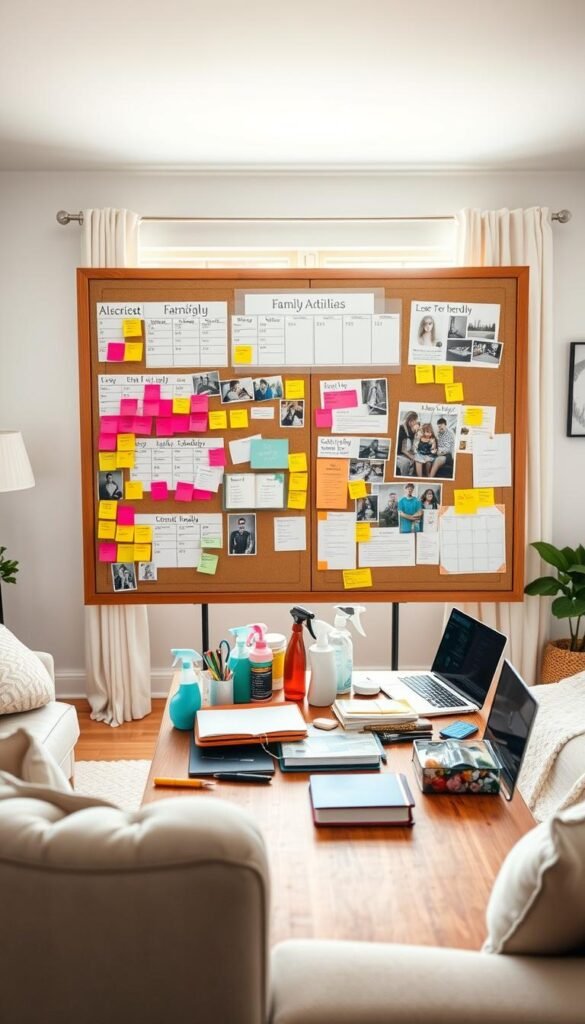 A cozy, organized family board displayed prominently in a bright, inviting living room. In the foreground, focus on a large bulletin board filled with colorful sticky notes, schedules, and family photos, showcasing a variety of simple cleaning and organization tips. In the middle, a wooden table cluttered with cleaning supplies, a planner, and a laptop, symbolizing busy lives and shared responsibilities. In the background, a well-lit window with soft curtains, allowing natural light to illuminate the room, creating a warm and welcoming atmosphere. The setting conveys a sense of teamwork and harmony among family members. The scene should be captured with a slight overhead angle to emphasize the board's details, using soft, diffused lighting for an inviting feel.
