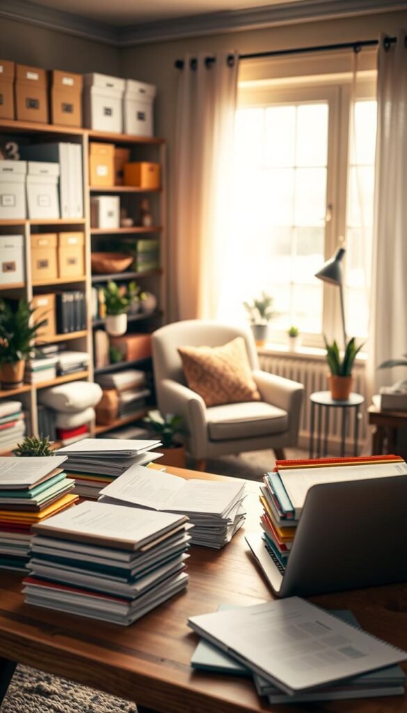 A cozy, organized home office space filled with neatly stacked and categorized paper clutter. In the foreground, a stylish wooden desk holds a tidy set of documents, a sleek laptop, and colorful file organizers arranged by color. The middle layer features an inviting armchair with a soft throw pillow, surrounded by a few decorative plants that add a touch of green. In the background, shelves filled with labeled boxes and books contribute to a calm atmosphere, illuminated by warm, soft natural light coming through a large window. The angle is a slightly elevated view, showcasing the room’s organized structure and creating a serene yet productive environment. The mood is tranquil and inspiring, promoting easy habits for managing paper clutter effectively.