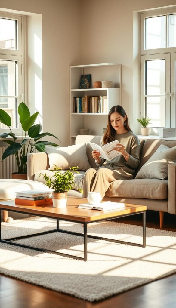 A cozy, organized living space showcasing a "lazy girl" embracing simple daily routines. In the foreground, a young woman in casual, modest clothing sits comfortably on a stylish, minimalistic sofa, sipping herbal tea while reviewing a decluttering planner. The middle ground features a tidy coffee table with neatly arranged decorative items and a vibrant indoor plant, symbolizing simplicity and serenity. In the background, light streams through large windows, illuminating a subtle, warm color palette. Soft shadows create a calming atmosphere, highlighting shelves with curated books and a few decorative boxes organized on the side. The mood is relaxed yet productive, emphasizing a gentle approach to decluttering through routine. A cozy, organized living space showcasing a "lazy girl" embracing simple daily routines. In the foreground, a young woman in casual, modest clothing sits comfortably on a stylish, minimalistic sofa, sipping herbal tea while reviewing a decluttering planner. The middle ground features a tidy coffee table with neatly arranged decorative items and a vibrant indoor plant, symbolizing simplicity and serenity. In the background, light streams through large windows, illuminating a subtle, warm color palette. Soft shadows create a calming atmosphere, highlighting shelves with curated books and a few decorative boxes organized on the side. The mood is relaxed yet productive, emphasizing a gentle approach to decluttering through routine.