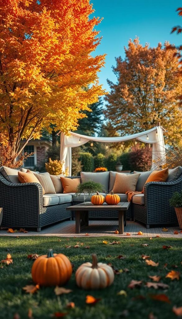 A cozy outdoor furniture setup in a serene autumn garden, featuring a stylish rattan sofa adorned with warm-toned cushions and a rustic wooden coffee table. In the foreground, a few scattered decorative pumpkins and colorful leaves create a seasonal ambiance. The middle ground reveals a beautifully set patio area under a light canopy draped with fairy lights, casting a soft, welcoming glow. In the background, trees with brilliant fall foliage frame the scene, their leaves in shades of orange, red, and gold, contrasting with a clear blue sky. The atmosphere is peaceful and inviting, perfect for fall gatherings. Capture the scene from a slightly elevated angle to emphasize the layout and cozy feel. Natural lighting enhances the warm colors and creates a subtle play of light and shadow.