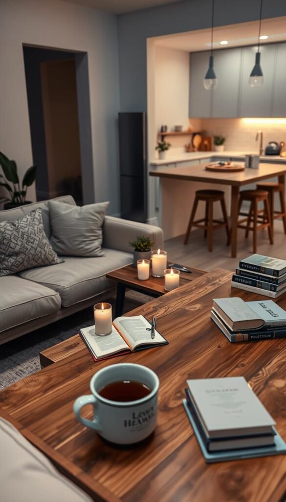 A cozy, serene nighttime scene depicting a nightly reset routine in a tidy home. In the foreground, a neatly organized living room features a soft, inviting sofa adorned with a few decorative cushions. On a rustic coffee table, there are candles flickering gently, casting a warm glow, beside a small potted plant. In the middle, a wooden dining table is set with a tidy arrangement of books, a notepad, and a steaming cup of herbal tea, symbolizing relaxation. The background shows a well-lit kitchen with clean countertops, where sparkling dishes are stacked neatly. Soft, ambient lighting in warm hues fills the room, creating a calming atmosphere. A slight top-down angle captures the peaceful essence of winding down for the night, emphasizing cleanliness and tranquility without any human presence. A cozy, serene nighttime scene depicting a nightly reset routine in a tidy home. In the foreground, a neatly organized living room features a soft, inviting sofa adorned with a few decorative cushions. On a rustic coffee table, there are candles flickering gently, casting a warm glow, beside a small potted plant. In the middle, a wooden dining table is set with a tidy arrangement of books, a notepad, and a steaming cup of herbal tea, symbolizing relaxation. The background shows a well-lit kitchen with clean countertops, where sparkling dishes are stacked neatly. Soft, ambient lighting in warm hues fills the room, creating a calming atmosphere. A slight top-down angle captures the peaceful essence of winding down for the night, emphasizing cleanliness and tranquility without any human presence.