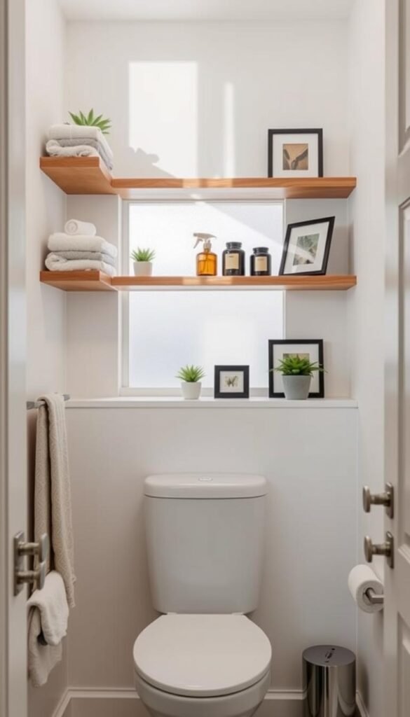 A cozy small bathroom featuring clever vertical storage solutions. In the foreground, shelves are mounted just above a sleek toilet, displaying neatly organized bath essentials like towels and decorative plants. A floating ledge spans the wall, adorned with stylish jars and small framed artwork, enhancing the decor. The middle view captures the light, airy ambience, with soft diffused natural sunlight filtering through a frosted window, creating gentle shadows. The background showcases a backdrop of pale pastel-colored walls that accentuate the bright accessories. The overall mood is serene and organized, inspiring ideas for maximizing small spaces. The image should be captured from a slightly elevated angle, emphasizing the vertical storage arrangements while ensuring a clean, uncluttered aesthetic. A cozy small bathroom featuring clever vertical storage solutions. In the foreground, shelves are mounted just above a sleek toilet, displaying neatly organized bath essentials like towels and decorative plants. A floating ledge spans the wall, adorned with stylish jars and small framed artwork, enhancing the decor. The middle view captures the light, airy ambience, with soft diffused natural sunlight filtering through a frosted window, creating gentle shadows. The background showcases a backdrop of pale pastel-colored walls that accentuate the bright accessories. The overall mood is serene and organized, inspiring ideas for maximizing small spaces. The image should be captured from a slightly elevated angle, emphasizing the vertical storage arrangements while ensuring a clean, uncluttered aesthetic.