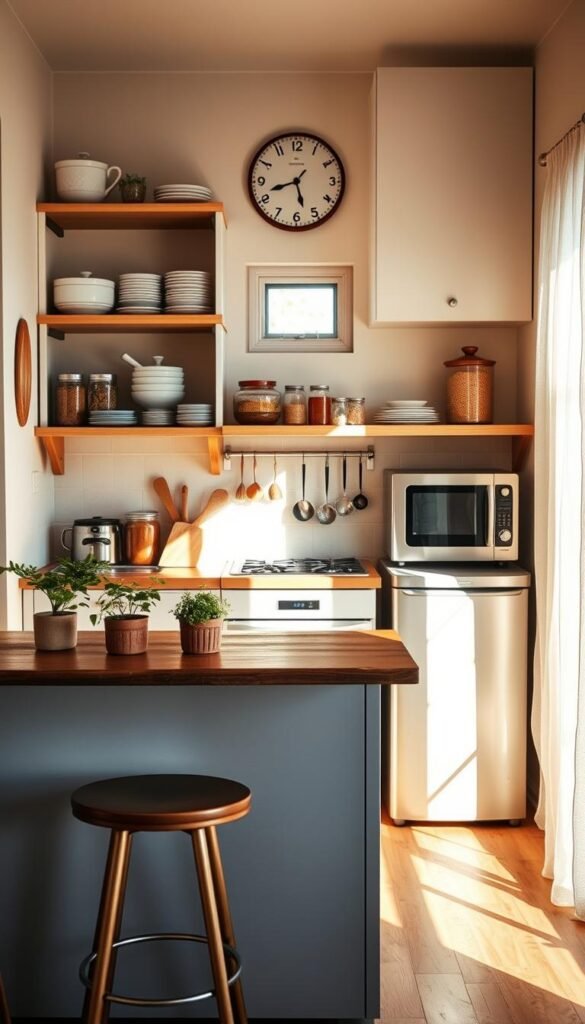 A cozy small kitchen featuring efficient storage solutions. In the foreground, a sleek wooden island with a couple of bar stools, adorned with potted herbs. In the middle, open shelves displaying neatly organized dishes, jars of spices, and a vintage clock on the wall, bathed in warm, natural light. A compact stove and a modern refrigerator blend seamlessly into the minimalist cabinetry, painted in soft pastel hues. The background includes a small window with sheer curtains allowing sunlight to pour in, creating a calm and inviting atmosphere. Capture this scene using a wide-angle lens, emphasizing the space's functionality and warmth, aiming for a bright and serene ambiance that complements simple wins for a small kitchen.