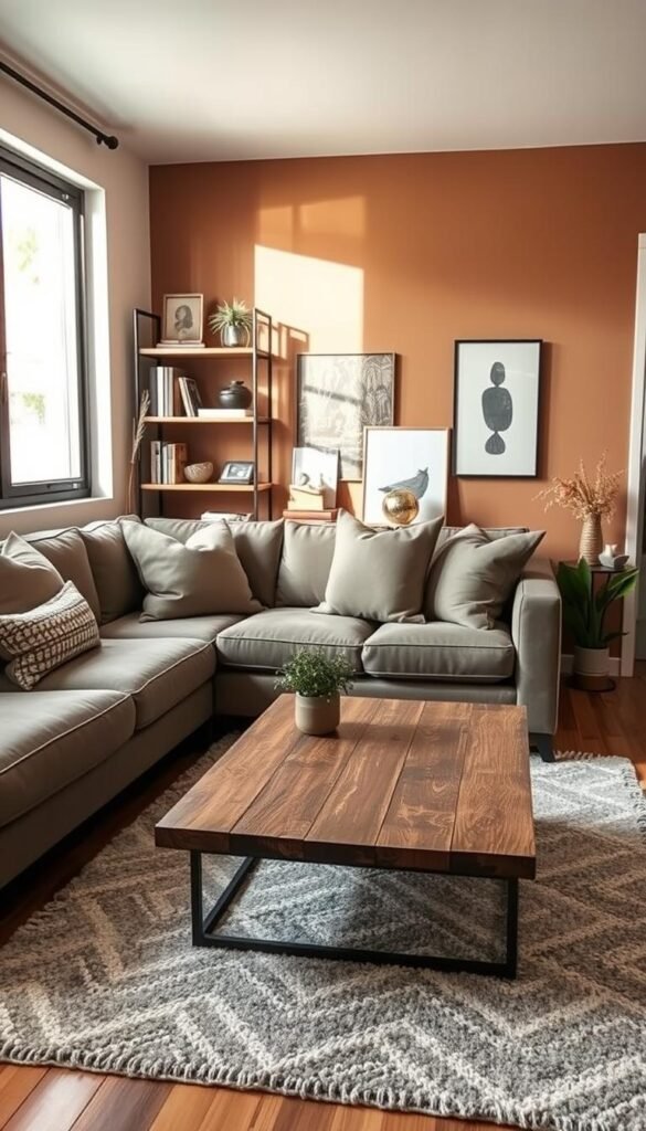 A cozy small living room designed for optimal flow and organization, featuring a stylish, compact sofa adorned with plush cushions in muted earth tones. In the foreground, a chic coffee table made of reclaimed wood sits atop a soft area rug, inviting comfort and relaxation. In the middle ground, a well-placed bookshelf showcases neatly organized decor and books, emphasizing functionality without clutter. The background reveals a warm accent wall with contemporary artwork that adds a touch of personality. Natural light streams in from a nearby window, casting soft shadows and creating an inviting atmosphere. The scene is shot from a slightly elevated angle, providing a comprehensive view of the harmonious arrangement, embodying style, comfort, and flow, perfect for small spaces. A cozy small living room designed for optimal flow and organization, featuring a stylish, compact sofa adorned with plush cushions in muted earth tones. In the foreground, a chic coffee table made of reclaimed wood sits atop a soft area rug, inviting comfort and relaxation. In the middle ground, a well-placed bookshelf showcases neatly organized decor and books, emphasizing functionality without clutter. The background reveals a warm accent wall with contemporary artwork that adds a touch of personality. Natural light streams in from a nearby window, casting soft shadows and creating an inviting atmosphere. The scene is shot from a slightly elevated angle, providing a comprehensive view of the harmonious arrangement, embodying style, comfort, and flow, perfect for small spaces.