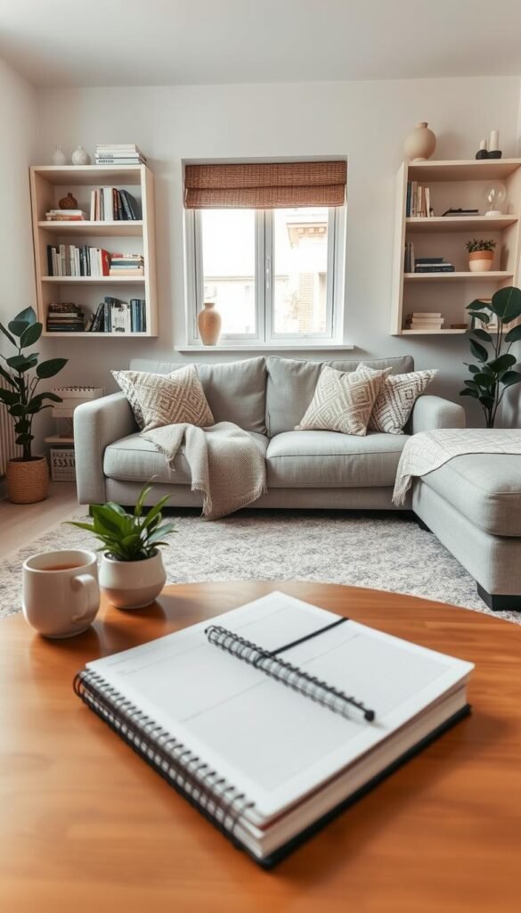 A cozy small living room organized for efficiency, showcasing simple daily, weekly, and monthly routines. In the foreground, a neatly arranged coffee table with a planner, a cup of tea, and a small plant. In the middle, a comfortable sofa with decorative pillows and a throw blanket, positioned to create a welcoming seating area. Bookshelves on the wall are filled with neatly organized books and small decor items, highlighting an organized space. The background features a window with soft natural light streaming in, illuminating the room and creating a warm atmosphere. A modern yet minimal aesthetic, with muted colors and minimalist furniture, conveys an air of tranquility and functionality. The image captures the essence of simplicity and organization in small living spaces. A cozy small living room organized for efficiency, showcasing simple daily, weekly, and monthly routines. In the foreground, a neatly arranged coffee table with a planner, a cup of tea, and a small plant. In the middle, a comfortable sofa with decorative pillows and a throw blanket, positioned to create a welcoming seating area. Bookshelves on the wall are filled with neatly organized books and small decor items, highlighting an organized space. The background features a window with soft natural light streaming in, illuminating the room and creating a warm atmosphere. A modern yet minimal aesthetic, with muted colors and minimalist furniture, conveys an air of tranquility and functionality. The image captures the essence of simplicity and organization in small living spaces.