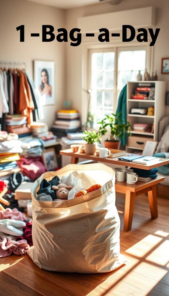 A cozy, sunlit room filled with various items to declutter, such as clothes, books, and toys, scattered in a stylish disarray. In the foreground, a large, open, reusable bag is partially filled with neatly folded garments and toys, showcasing the essence of the 1-Bag-a-Day decluttering method. In the middle ground, a wooden table displays an assortment of everyday household items like mugs and stationery, while a potted plant adds a touch of life. The background reveals a warm, inviting space with soft natural light streaming through a window, casting gentle shadows. The atmosphere is serene and motivating, encouraging viewers to embrace minimalism and organization, captured from a slightly elevated angle to emphasize the bag and its contents while maintaining a clear view of the room.