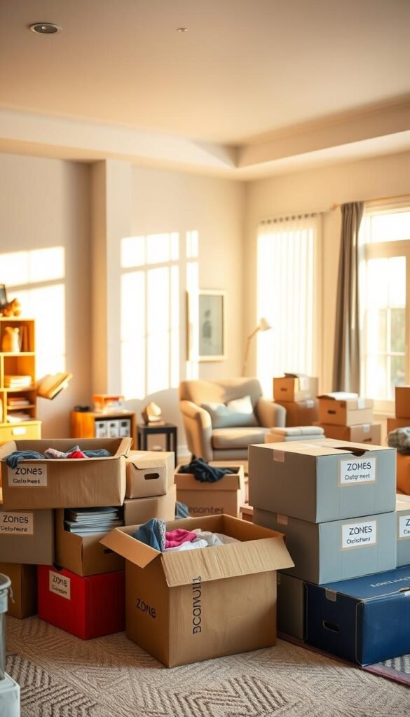 A cozy, well-lit living room filled with home decluttering boxes, neatly stacked and labeled for various zones. In the foreground, several boxes, each distinctively colored, are open and partially filled with items like books, decorative pieces, and clothes. The middle ground features a spacious area where more boxes are organized, with a comfortable armchair and a small side table piled with a few essential items. In the background, a large window allows warm, natural light to stream in, casting soft shadows across the room, enhancing a peaceful, productive atmosphere. The overall mood is inviting and motivating, encouraging viewers to visualize an organized, decluttered space ready for transformation.