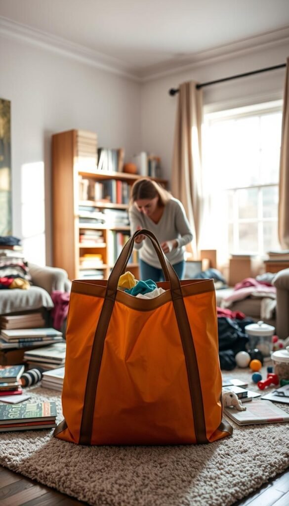 A cozy, well-lit living room scene filled with various household items being sorted into a large, reusable bag. In the foreground, a neatly packed half-full bag, colorful and sturdy, sits on a soft rug, surrounded by books, clothes, and toys. A focused individual, dressed in casual attire, is engaged in decluttering, picking items up thoughtfully. In the middle ground, a bookshelf is organized on one side, while piles of items waiting to be sorted are on the other. The background features a large window allowing natural light to illuminate the space, casting soft shadows. The mood is serene and productive, reflecting a sense of accomplishment and clarity in the decluttering process.