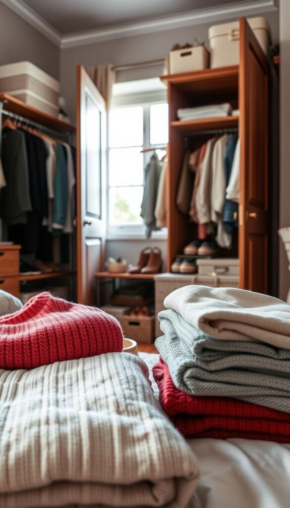 A cozy, well-organized bedroom closet scene, with a focus on typical closet items like casual clothes, neatly folded linens, and small accessories. In the foreground, a pair of colorful folded sweaters and a stack of light bedding displays the texture and patterns. The middle ground showcases a collection of neatly arranged shoes, a stylish handbag, and a few decorative storage boxes. The background features a wooden wardrobe with slightly open doors revealing more clothes and linens inside. Soft, natural lighting pours in from a nearby window, creating a warm and inviting atmosphere. The image captures a sense of clarity and organization, ideal for illustrating decluttering and tidying up. The angle is slightly elevated, providing a comprehensive view of the closet items while maintaining a cozy feel. A cozy, well-organized bedroom closet scene, with a focus on typical closet items like casual clothes, neatly folded linens, and small accessories. In the foreground, a pair of colorful folded sweaters and a stack of light bedding displays the texture and patterns. The middle ground showcases a collection of neatly arranged shoes, a stylish handbag, and a few decorative storage boxes. The background features a wooden wardrobe with slightly open doors revealing more clothes and linens inside. Soft, natural lighting pours in from a nearby window, creating a warm and inviting atmosphere. The image captures a sense of clarity and organization, ideal for illustrating decluttering and tidying up. The angle is slightly elevated, providing a comprehensive view of the closet items while maintaining a cozy feel.