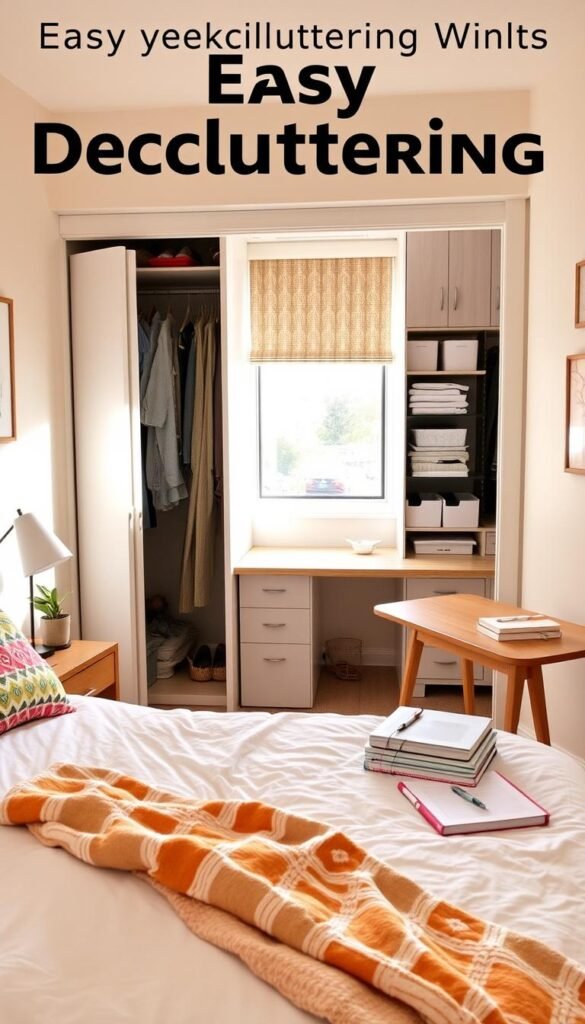 A cozy, well-organized bedroom designed for a decluttering theme. In the foreground, a neatly made bed with colorful, patterned pillows and a soft, inviting blanket. On the bedside table, a small plant and a stylish lamp offer a touch of greenery and warmth. In the middle ground, an open wardrobe displays neatly folded clothes and minimalist storage boxes. A clean, wooden desk is positioned beside a window, allowing natural light to stream in, illuminating a stack of decluttered books and a planner. The background features soft pastel wall colors, enhancing a tranquil atmosphere, with subtle decorative wall art. The setting conveys a sense of calm and accomplishment, perfect for illustrating the concept of easy decluttering wins in a room. A cozy, well-organized bedroom designed for a decluttering theme. In the foreground, a neatly made bed with colorful, patterned pillows and a soft, inviting blanket. On the bedside table, a small plant and a stylish lamp offer a touch of greenery and warmth. In the middle ground, an open wardrobe displays neatly folded clothes and minimalist storage boxes. A clean, wooden desk is positioned beside a window, allowing natural light to stream in, illuminating a stack of decluttered books and a planner. The background features soft pastel wall colors, enhancing a tranquil atmosphere, with subtle decorative wall art. The setting conveys a sense of calm and accomplishment, perfect for illustrating the concept of easy decluttering wins in a room.