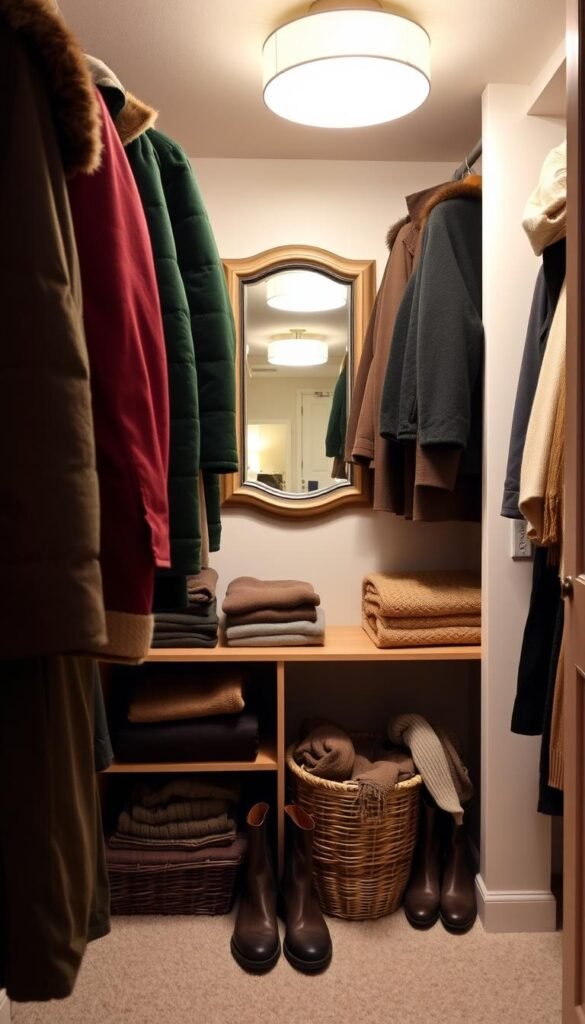A cozy, well-organized closet filled with winter gear. In the foreground, several neatly hung winter coats in rich, warm colors like deep burgundy and forest green. Below, shelves display neatly stacked sweaters in earthy tones, while a pair of stylish winter boots sit next to a woven basket filled with cozy scarves and gloves. In the middle, a soft overhead light casts a warm glow, highlighting the texture of the fabrics. The background shows a light-colored wall with an elegant mirror reflecting the contents of the closet, creating depth. The atmosphere feels inviting and functional, conveying the idea of a seasonal transition and the satisfaction of organization in preparation for winter.