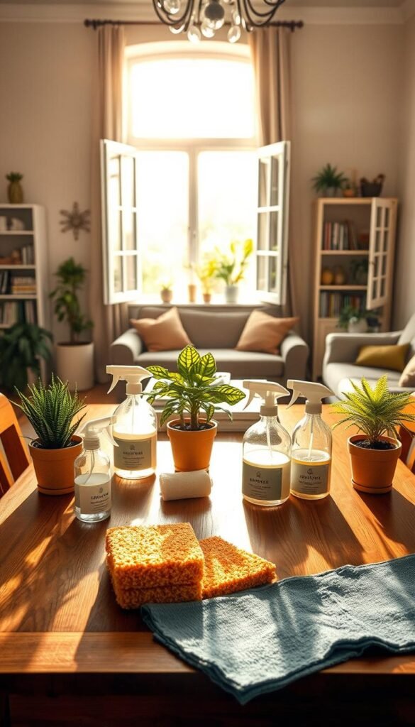A cozy, well-organized home interior scene illustrating monthly cleaning tasks. In the foreground, a wooden dining table is neatly arranged with cleaning supplies: natural sponges, eco-friendly spray bottles, and microfiber cloths. Potted plants add a touch of greenery. In the middle, an open window allows soft, golden sunlight to stream in, casting warm, inviting shadows. The background features a tidy living room with a bookshelf and a well-maintained couch, emphasizing a clutter-free environment. A subtle hint of seasonal decorations—like autumn leaves or spring flowers—suggests a refreshing reset. The mood is calm and productive, evoking a sense of satisfaction and accomplishment in maintaining a clean home. A cozy, well-organized home interior scene illustrating monthly cleaning tasks. In the foreground, a wooden dining table is neatly arranged with cleaning supplies: natural sponges, eco-friendly spray bottles, and microfiber cloths. Potted plants add a touch of greenery. In the middle, an open window allows soft, golden sunlight to stream in, casting warm, inviting shadows. The background features a tidy living room with a bookshelf and a well-maintained couch, emphasizing a clutter-free environment. A subtle hint of seasonal decorations—like autumn leaves or spring flowers—suggests a refreshing reset. The mood is calm and productive, evoking a sense of satisfaction and accomplishment in maintaining a clean home.