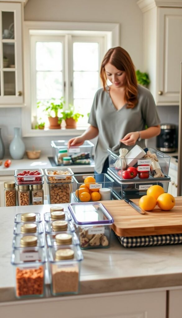 A cozy, well-organized kitchen scene illustrating a "ten-minute counter clear" process. In the foreground, a neatly arranged countertop featuring a variety of small kitchen storage solutions: clear containers filled with colorful spices, stackable baskets holding fruits, and an elegant cutting board. In the middle, a person in casual, modest clothing is actively sorting items into labeled bins and clearing away clutter. The background showcases tasteful kitchen decor: light-colored cabinetry, a window letting in soft, natural light, and potted herbs on a windowsill. The overall atmosphere is bright and inviting, emphasizing a sense of calm and efficiency in creating a decluttered space. Use a soft focus lens effect to enhance the warm, homey vibe.