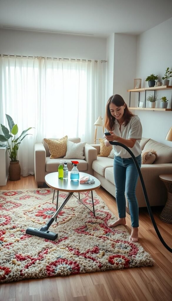 A cozy, well-organized living room during a daily cleaning session. In the foreground, a cheerful professional woman in modest casual clothing is vacuuming a plush, colorful area rug. In the middle, a tidy sofa with decorative cushions and a small coffee table featuring cleaning supplies, such as a spray bottle and cloth, showcases daily maintenance tasks. The background reveals a sunlit window with sheer curtains, adding warmth to the scene, and potted plants on a shelf to enhance the inviting atmosphere. Soft, natural lighting filters through the room, creating a peaceful and productive ambiance. The scene captures the essence of daily cleaning routines, emphasizing a sense of order and cleanliness. A cozy, well-organized living room during a daily cleaning session. In the foreground, a cheerful professional woman in modest casual clothing is vacuuming a plush, colorful area rug. In the middle, a tidy sofa with decorative cushions and a small coffee table featuring cleaning supplies, such as a spray bottle and cloth, showcases daily maintenance tasks. The background reveals a sunlit window with sheer curtains, adding warmth to the scene, and potted plants on a shelf to enhance the inviting atmosphere. Soft, natural lighting filters through the room, creating a peaceful and productive ambiance. The scene captures the essence of daily cleaning routines, emphasizing a sense of order and cleanliness.