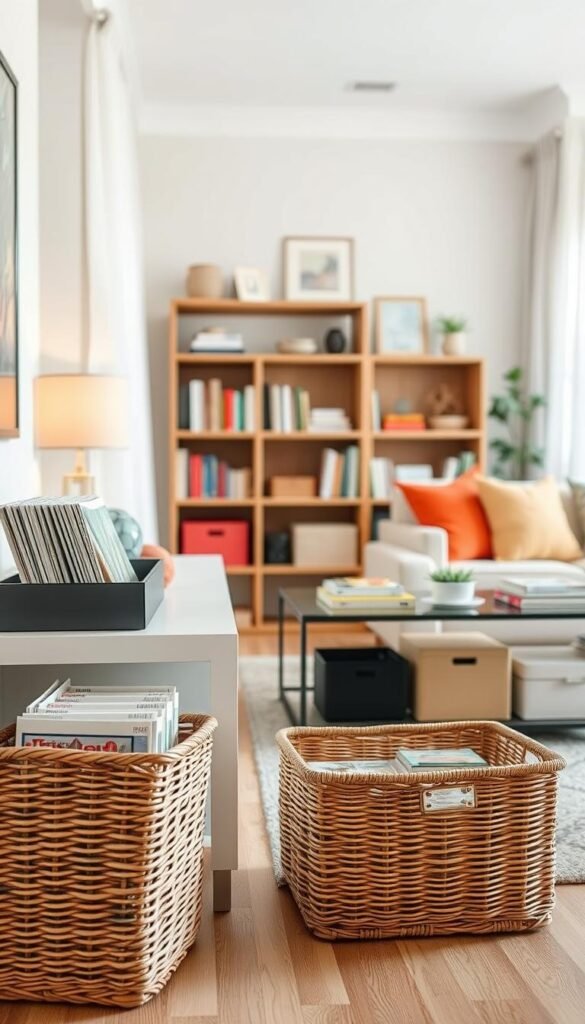 A cozy, well-organized living room featuring a variety of simple organizing systems. In the foreground, a stylish wicker basket neatly holds magazines beside a sleek console table with decorative storage boxes. The middle section showcases a tidy bookshelf with color-coordinated books and decorative items, creating a visually appealing focal point. In the background, soft natural light filters through sheer curtains, illuminating a comfortable seating area with colorful cushions. The atmosphere is serene and inviting, promoting a sense of calmness and order. Use a warm color palette to emphasize the welcoming feel, and create depth with a slightly blurred background for focus on the organizing elements. Capture this scene with a soft focus lens for a gentle, calming effect. A cozy, well-organized living room featuring a variety of simple organizing systems. In the foreground, a stylish wicker basket neatly holds magazines beside a sleek console table with decorative storage boxes. The middle section showcases a tidy bookshelf with color-coordinated books and decorative items, creating a visually appealing focal point. In the background, soft natural light filters through sheer curtains, illuminating a comfortable seating area with colorful cushions. The atmosphere is serene and inviting, promoting a sense of calmness and order. Use a warm color palette to emphasize the welcoming feel, and create depth with a slightly blurred background for focus on the organizing elements. Capture this scene with a soft focus lens for a gentle, calming effect.