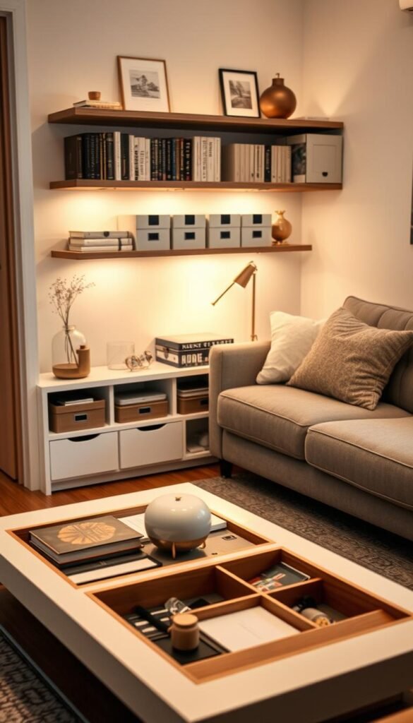 A cozy, well-organized living room featuring innovative storage solutions that seamlessly blend style and functionality. In the foreground, a sleek, modern coffee table with hidden compartments is adorned with decorative items, but remains clutter-free. The middle layer showcases a wall-mounted shelf filled with neatly arranged books and elegant storage boxes, cleverly concealing miscellaneous items. A plush sofa with under-seat storage is positioned prominently, inviting relaxation. In the background, soft ambient lighting casts a warm glow throughout the space, enhancing the tranquil atmosphere. The scene is set from a slightly angled perspective, emphasizing depth and inviting the viewer into this small, organized haven. The color palette is calming, utilizing soft earth tones and natural materials, evoking a sense of peace and order. A cozy, well-organized living room featuring innovative storage solutions that seamlessly blend style and functionality. In the foreground, a sleek, modern coffee table with hidden compartments is adorned with decorative items, but remains clutter-free. The middle layer showcases a wall-mounted shelf filled with neatly arranged books and elegant storage boxes, cleverly concealing miscellaneous items. A plush sofa with under-seat storage is positioned prominently, inviting relaxation. In the background, soft ambient lighting casts a warm glow throughout the space, enhancing the tranquil atmosphere. The scene is set from a slightly angled perspective, emphasizing depth and inviting the viewer into this small, organized haven. The color palette is calming, utilizing soft earth tones and natural materials, evoking a sense of peace and order.