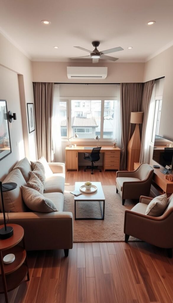 A cozy, well-organized living room showcasing defined zones for various activities. In the foreground, a beautifully arranged seating area with a plush sofa adorned with cushions, a low coffee table with a decorative centerpiece, and a nearby reading nook featuring a comfortable armchair and a small bookshelf. The middle ground displays a compact workspace with a stylish desk and ergonomic chair, perfectly integrated into the overall layout. The background reveals a small entertainment section with a wall-mounted TV and minimal decor. Soft, natural lighting filters through a large window, creating a warm and inviting atmosphere. The angle captures the entire space, emphasizing the harmony of each zone, making it ideal for small homes. A cozy, well-organized living room showcasing defined zones for various activities. In the foreground, a beautifully arranged seating area with a plush sofa adorned with cushions, a low coffee table with a decorative centerpiece, and a nearby reading nook featuring a comfortable armchair and a small bookshelf. The middle ground displays a compact workspace with a stylish desk and ergonomic chair, perfectly integrated into the overall layout. The background reveals a small entertainment section with a wall-mounted TV and minimal decor. Soft, natural lighting filters through a large window, creating a warm and inviting atmosphere. The angle captures the entire space, emphasizing the harmony of each zone, making it ideal for small homes.