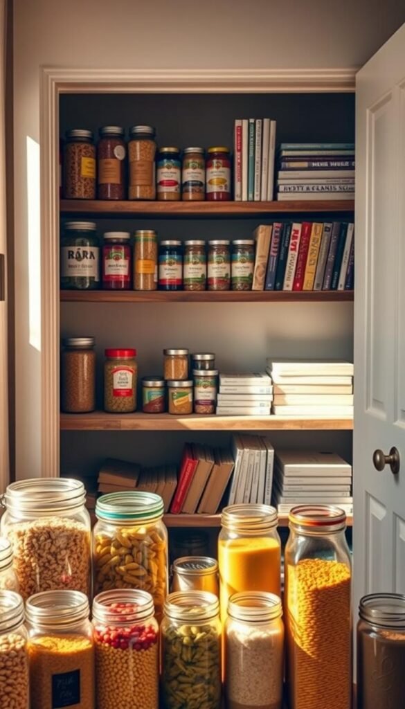 A cozy, well-organized pantry bathed in warm, natural light. In the foreground, colorful glass jars with neatly labeled contents like grains, pasta, and spices create a vibrant, inviting display. The middle ground features open shelves made of reclaimed wood, showcasing an array of canned goods and neatly stacked cookbooks, hinting at a budget-friendly approach to organization. The background offers soft-focus views of the pantry doors partially ajar, revealing a tidy, minimalist interior. The overall atmosphere is warm and welcoming, with a sense of practicality and simplicity. Capture the scene from a slightly elevated angle to emphasize the layout and organization, using soft, diffused lighting to enhance the cozy vibe without harsh shadows. A cozy, well-organized pantry bathed in warm, natural light. In the foreground, colorful glass jars with neatly labeled contents like grains, pasta, and spices create a vibrant, inviting display. The middle ground features open shelves made of reclaimed wood, showcasing an array of canned goods and neatly stacked cookbooks, hinting at a budget-friendly approach to organization. The background offers soft-focus views of the pantry doors partially ajar, revealing a tidy, minimalist interior. The overall atmosphere is warm and welcoming, with a sense of practicality and simplicity. Capture the scene from a slightly elevated angle to emphasize the layout and organization, using soft, diffused lighting to enhance the cozy vibe without harsh shadows.