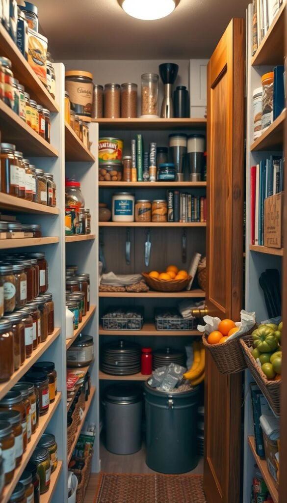 A cozy, well-organized pantry filled with neatly arranged shelves. In the foreground, the shelves display an array of colorful jars, labels clearly visible, containing spices, grains, and snacks. Freshly canned goods sit beside neatly stacked baskets of fruits and vegetables. The middle ground features shelves lined with various cookbooks and kitchen gadgets, enhancing the functional aesthetic. The background reveals a warm, rustic wooden door and a soft light illuminating the space, creating a welcoming atmosphere. A soft focus on the items in the foreground draws attention to the appeal of a decluttered pantry. The scene conveys a sense of orderliness and simplicity, inviting viewers to imagine a well-maintained kitchen environment. A cozy, well-organized pantry filled with neatly arranged shelves. In the foreground, the shelves display an array of colorful jars, labels clearly visible, containing spices, grains, and snacks. Freshly canned goods sit beside neatly stacked baskets of fruits and vegetables. The middle ground features shelves lined with various cookbooks and kitchen gadgets, enhancing the functional aesthetic. The background reveals a warm, rustic wooden door and a soft light illuminating the space, creating a welcoming atmosphere. A soft focus on the items in the foreground draws attention to the appeal of a decluttered pantry. The scene conveys a sense of orderliness and simplicity, inviting viewers to imagine a well-maintained kitchen environment.