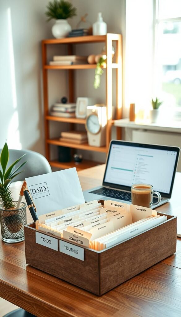 A cozy, well-organized workspace featuring a daily routine inbox on a wooden desk. In the foreground, a neatly arranged inbox filled with categorized folders labeled “To Do,” “In Progress,” and “Completed.” A stylish pen holder sits beside it, along with a small plant adding a touch of greenery. In the middle ground, a laptop displays a checklist on the screen, with fresh coffee steaming in a mug nearby. The background shows a tidy shelf with inspiring books and minimalistic decor, basking in soft, natural light filtering through a window. The overall atmosphere is calm and productive, evoking a sense of focus and intentionality, ideal for fostering good habits and decluttering thoughts.