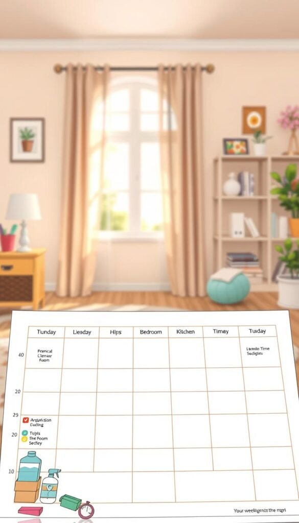 A detailed illustration of a "Weekly Zone Map" designed for home decluttering, featuring a colorful layout divided into distinct sections or zones. Each zone should include areas for various tasks, like organizing the living room, bedroom, kitchen, and home office. In the foreground, display beautifully labeled icons representing cleaning supplies, organizational tools, and a timer to signify time management. The middle ground should show a calendar grid with specific days outlined for each zone activity. In the background, a serene home environment can be depicted with soft, natural lighting filtering through a window, creating an inviting atmosphere. Use a warm color palette to enhance the sense of productivity and calm.