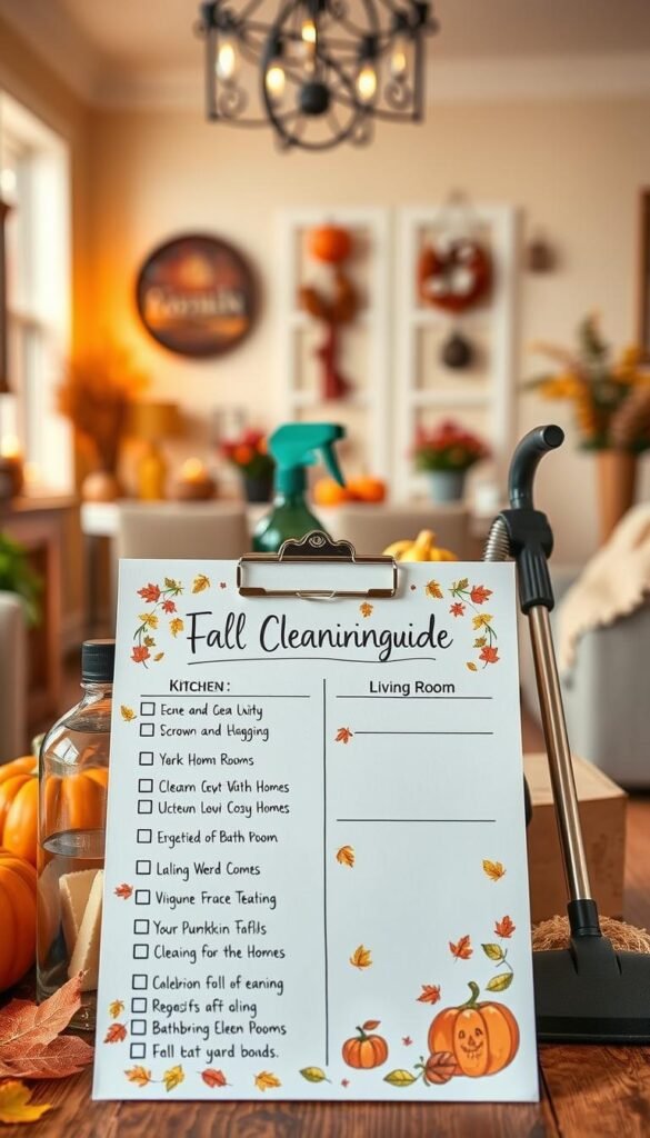 A detailed, visually appealing cleaning checklist for a fall cleaning guide, featuring a neatly organized layout with sections for different rooms, such as kitchen, living room, and bathroom. In the foreground, the checklist is hand-drawn and beautifully illustrated with autumn-themed elements, including falling leaves, pumpkins, and cozy home accents. The middle layer showcases cleaning supplies like bottles, sponges, and a vacuum cleaner placed artistically around the checklist. The background is a warm, softly lit home interior, decorated in fall colors, conveying a cozy and inviting atmosphere. Use a soft-focus lens to create depth, highlighting the checklist as the focal point while maintaining a serene, autumnal mood. Ideal for an article about seasonal cleaning.