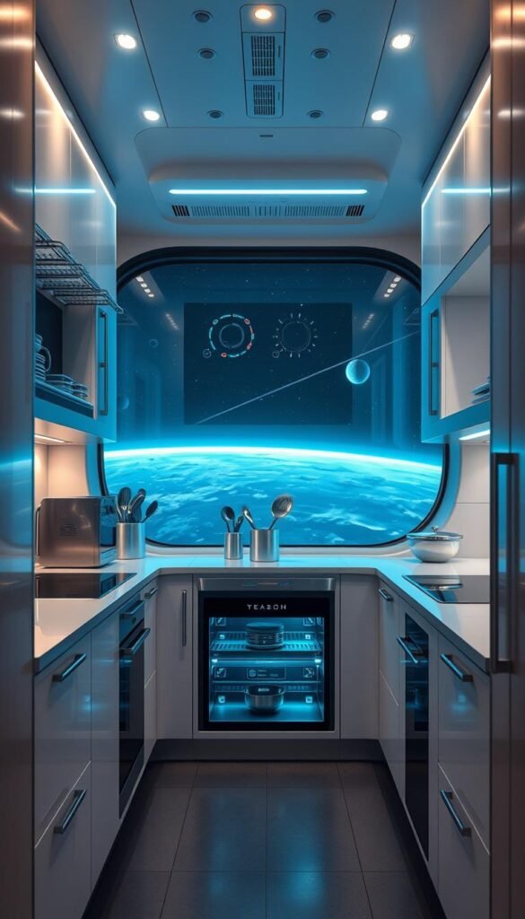 A futuristic space kitchen designed to maximize efficiency in a compact environment. In the foreground, sleek, modular kitchen units with smooth, metallic finishes showcase organized storage solutions, including pull-out racks and integrated appliances. The middle section features a zero-gravity cooking area with a holographic interface displaying interactive recipes. Modern utensils float in a custom container, highlighting the decluttered theme. The background reveals a panoramic view of outer space through a large window, with distant stars and planets adding an ethereal glow. Soft, ambient lighting illuminates the workspace, complemented by cool blue and silver tones, creating a high-tech, serene atmosphere. The scene captures innovation and simplicity in a harmonious blend, ideal for a small yet efficient galley kitchen in space. A futuristic space kitchen designed to maximize efficiency in a compact environment. In the foreground, sleek, modular kitchen units with smooth, metallic finishes showcase organized storage solutions, including pull-out racks and integrated appliances. The middle section features a zero-gravity cooking area with a holographic interface displaying interactive recipes. Modern utensils float in a custom container, highlighting the decluttered theme. The background reveals a panoramic view of outer space through a large window, with distant stars and planets adding an ethereal glow. Soft, ambient lighting illuminates the workspace, complemented by cool blue and silver tones, creating a high-tech, serene atmosphere. The scene captures innovation and simplicity in a harmonious blend, ideal for a small yet efficient galley kitchen in space.