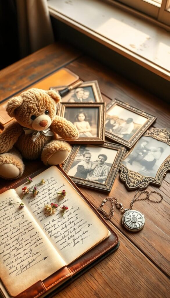 A meticulously arranged flat lay scene showcasing various sentimental items. In the foreground, a vintage leather diary, partially opened to reveal handwritten notes and pressed flowers, alongside a worn teddy bear, symbolizing childhood memories. In the middle ground, a collection of faded photographs in ornate frames, capturing cherished moments with family and friends. A delicate silver locket sparkles subtly in the soft daylight, hinting at secret memories inside. The background features a rustic wooden table with a slight sheen, bathed in warm, golden light filtering through a nearby window, creating a cozy atmosphere. The overall mood is nostalgic and reflective, inviting viewers to ponder the emotional weight of sentimental items and their role in decluttering. A meticulously arranged flat lay scene showcasing various sentimental items. In the foreground, a vintage leather diary, partially opened to reveal handwritten notes and pressed flowers, alongside a worn teddy bear, symbolizing childhood memories. In the middle ground, a collection of faded photographs in ornate frames, capturing cherished moments with family and friends. A delicate silver locket sparkles subtly in the soft daylight, hinting at secret memories inside. The background features a rustic wooden table with a slight sheen, bathed in warm, golden light filtering through a nearby window, creating a cozy atmosphere. The overall mood is nostalgic and reflective, inviting viewers to ponder the emotional weight of sentimental items and their role in decluttering.