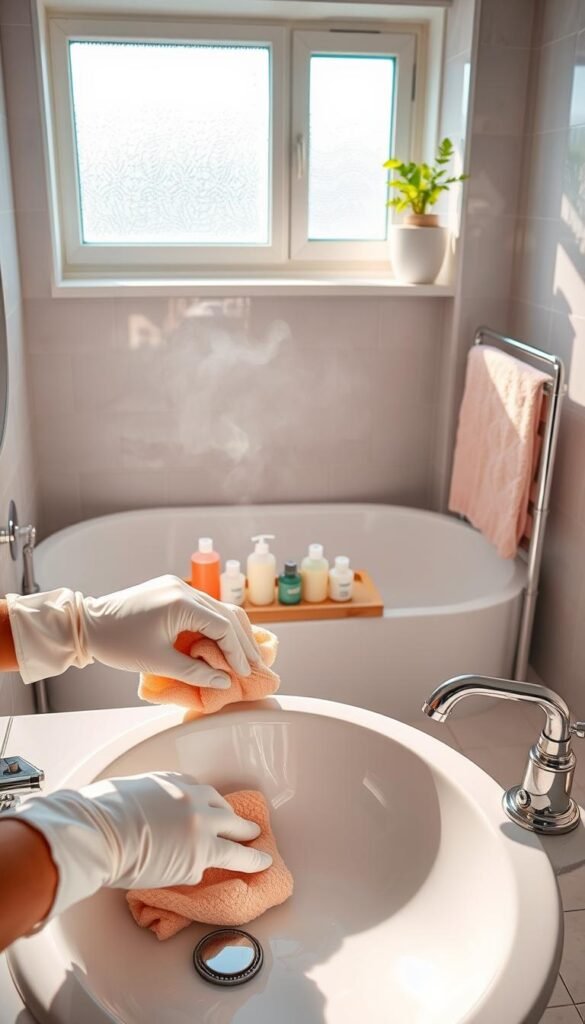 A meticulously organized bathroom, gleaming with cleanliness, serves as the focal point. In the foreground, a pair of gloved hands scrubs a sparkling white sink with a soft cloth, revealing its shine. The middle layer features a pristine bathtub filled with softly steaming water and a neatly arranged tray of colorful bath products. Towels are folded neatly on a rack in soothing pastel colors. In the background, soft daylight filters through a frosted window, illuminating the space and enhancing the serene atmosphere. The scene captures a sense of calm and order, with vibrant greenery from a small potted plant adding a touch of nature. The overall mood is refreshing and inviting, promoting a sense of well-being and cleanliness in a winter setting.