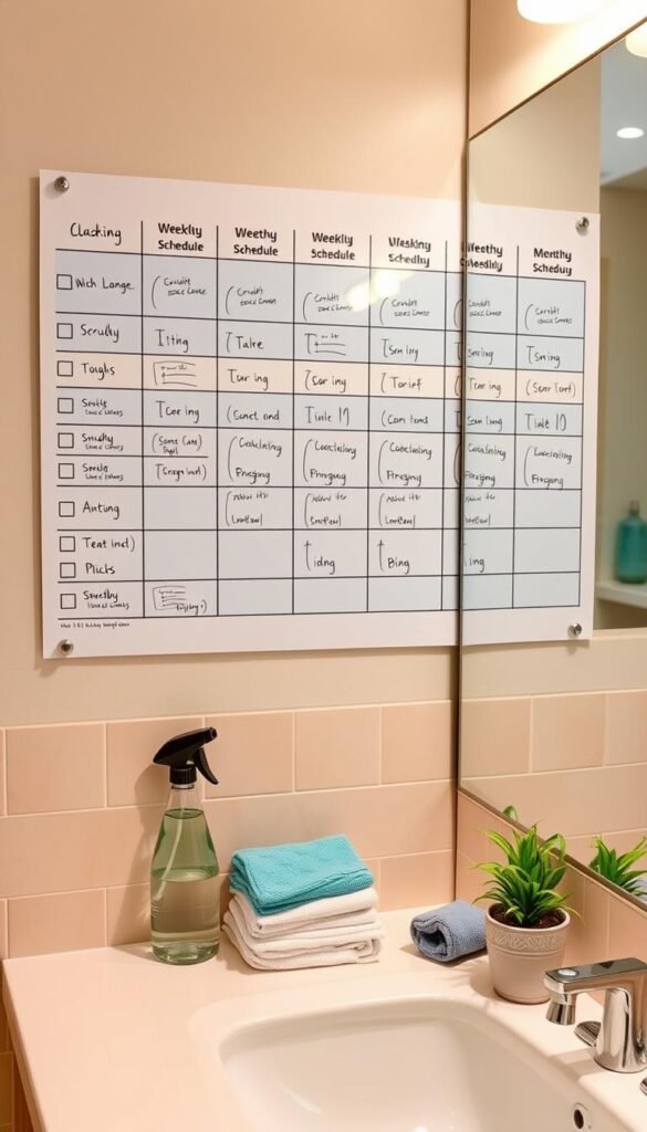 A meticulously organized bathroom schedule hanging on a wall, combining daily, weekly, and monthly cleaning tasks, depicted as a colorful chart. In the foreground, the schedule features clear, neatly written boxes with checklists, contrasting vibrant colors like blues and greens, and icons representing cleaning tasks such as scrubbing, wiping, and organizing. The middle ground includes a tidy bathroom countertop with common cleaning supplies neatly arranged: a spray bottle, microfiber cloths, and a small plant for a fresh touch. In the background, softly lit tiles and a mirror reflect warm, natural light, enhancing the cleanliness and inviting atmosphere. The overall mood conveys calmness and efficiency, suggesting a comforting routine while maintaining a professional and organized vibe. A meticulously organized bathroom schedule hanging on a wall, combining daily, weekly, and monthly cleaning tasks, depicted as a colorful chart. In the foreground, the schedule features clear, neatly written boxes with checklists, contrasting vibrant colors like blues and greens, and icons representing cleaning tasks such as scrubbing, wiping, and organizing. The middle ground includes a tidy bathroom countertop with common cleaning supplies neatly arranged: a spray bottle, microfiber cloths, and a small plant for a fresh touch. In the background, softly lit tiles and a mirror reflect warm, natural light, enhancing the cleanliness and inviting atmosphere. The overall mood conveys calmness and efficiency, suggesting a comforting routine while maintaining a professional and organized vibe.