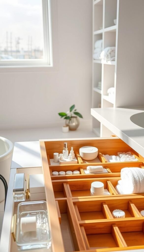 A minimalist bathroom drawer organization setup is showcased in a bright, airy space. In the foreground, neatly arranged drawers reveal a harmonious blend of clear containers and bamboo dividers, each holding essential items like toiletries, cotton swabs, and towels in soft pastel shades. The middle of the scene features a simple, elegant countertop adorned with a small indoor plant and a diffuser, enhancing the serene atmosphere. The background includes softly lit shelving, demonstrating a cohesive color palette that complements the minimalist aesthetic. The photo is taken from a slightly elevated angle to provide a clear view of the drawer organization. Natural light floods through a nearby window, casting gentle shadows, creating a tranquil and inviting mood, perfect for inspiring an organized lifestyle. A minimalist bathroom drawer organization setup is showcased in a bright, airy space. In the foreground, neatly arranged drawers reveal a harmonious blend of clear containers and bamboo dividers, each holding essential items like toiletries, cotton swabs, and towels in soft pastel shades. The middle of the scene features a simple, elegant countertop adorned with a small indoor plant and a diffuser, enhancing the serene atmosphere. The background includes softly lit shelving, demonstrating a cohesive color palette that complements the minimalist aesthetic. The photo is taken from a slightly elevated angle to provide a clear view of the drawer organization. Natural light floods through a nearby window, casting gentle shadows, creating a tranquil and inviting mood, perfect for inspiring an organized lifestyle.
