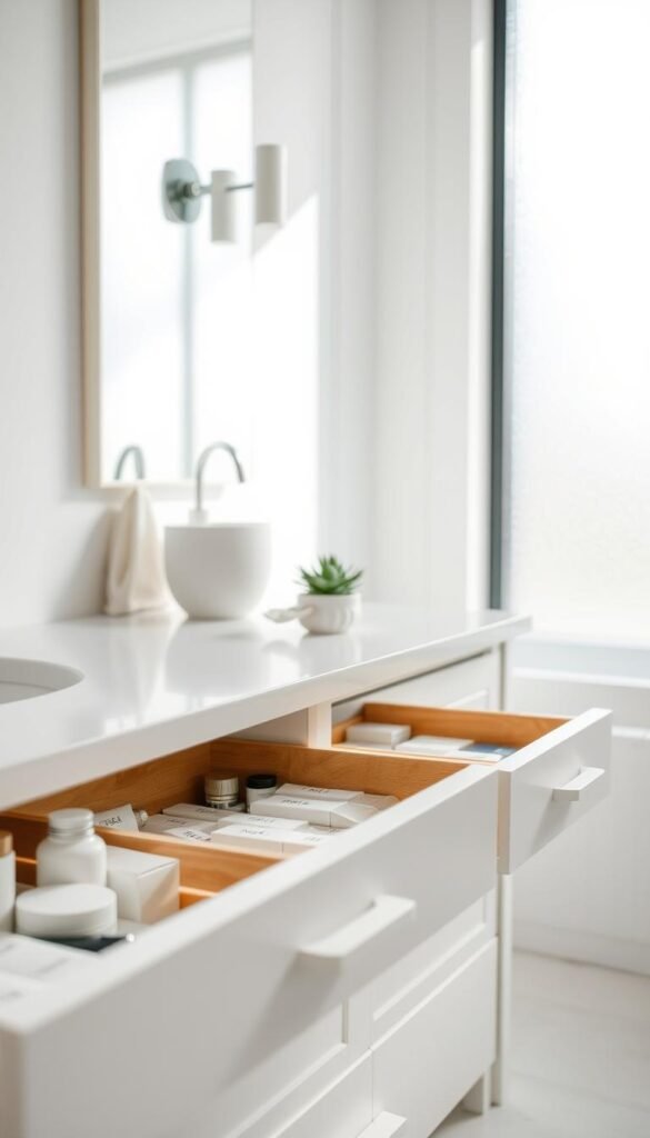 A minimalist bathroom interior, focusing on neatly organized drawers labeled for easy access. In the foreground, open drawers reveal neatly arranged toiletries and skincare products, each item clearly labeled with elegant, simple tags. The middle ground features a clean, well-kept countertop with a small potted succulent, enhancing the serene atmosphere. In the background, soft, natural light streams in from a frosted window, illuminating the space and creating gentle shadows. The entire scene embodies a calm and orderly vibe, showcasing gentle habits of organization. The composition highlights the balance between functionality and aesthetic beauty, with a soft color palette of whites, light grays, and earthy tones. A minimalist bathroom interior, focusing on neatly organized drawers labeled for easy access. In the foreground, open drawers reveal neatly arranged toiletries and skincare products, each item clearly labeled with elegant, simple tags. The middle ground features a clean, well-kept countertop with a small potted succulent, enhancing the serene atmosphere. In the background, soft, natural light streams in from a frosted window, illuminating the space and creating gentle shadows. The entire scene embodies a calm and orderly vibe, showcasing gentle habits of organization. The composition highlights the balance between functionality and aesthetic beauty, with a soft color palette of whites, light grays, and earthy tones.