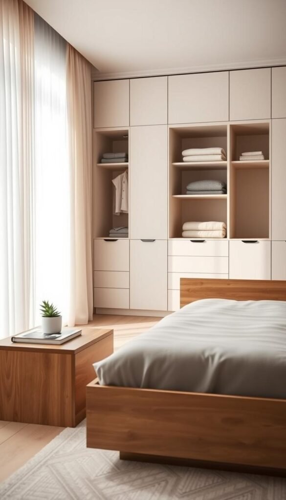 A minimalist bedroom featuring innovative storage solutions, showcasing a sleek wooden bed with built-in drawers on the sides. In the foreground, a simple, neatly organized bedside table holds a small potted plant and a book. The middle section highlights a modern wardrobe with clean lines, seamlessly integrated into the wall, showcasing elegant storage bins and folded textiles. In the background, soft, natural light filters through sheer curtains, creating a warm, inviting atmosphere. The walls are painted in calming neutral tones, contributing to the uncluttered feel of the space. The mood is peaceful and serene, emphasizing simplicity and functionality. Use a wide-angle lens to capture the room's layout, ensuring a bright, airy ambiance without any clutter or distractions.