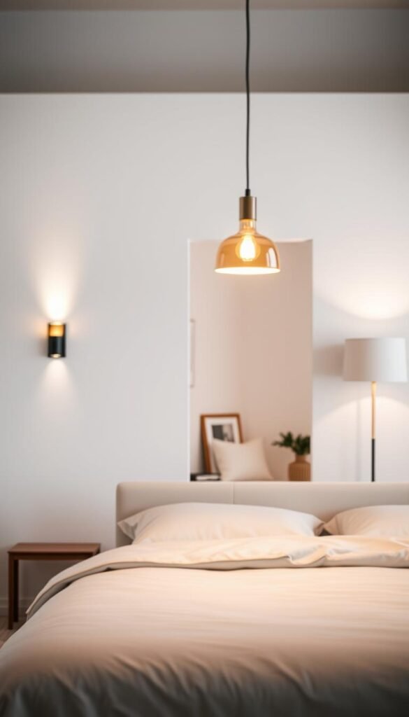 A minimalist bedroom scene showcasing a well-thought-out lighting plan. In the foreground, a sleek, low-profile bed with soft, neutral linens exudes tranquility. The middle ground features layered lighting: a warm, dimmable pendant light hanging above, with subtle wall sconces casting a gentle glow on either side of the bed. A floor lamp with a soft shade adds an inviting touch, illuminating a cozy reading nook in the corner. The background reveals a calm, light-colored wall with minimal decor, emphasizing the spaciousness of the room. The atmosphere is serene and inviting, evoking a sense of relaxation and warmth. The lighting is soft and diffused, enhancing the peaceful ambiance, captured from a slightly elevated angle, highlighting the harmonious arrangement of elements.