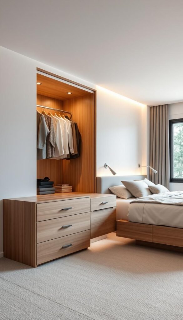 A minimalist bedroom showcasing an organized storage solution, featuring a sleek dresser with clean lines and a natural wood finish in the foreground. To the side, an open closet reveals neatly arranged clothes, accentuated by soft, ambient lighting that creates a warm atmosphere. Hidden storage systems are cleverly integrated under the bed, with a seamless design that blends into the room's aesthetic. The walls are painted in a soft, neutral color, contributing to a calm and uncluttered vibe. In the background, a large window allows natural light to flood in, illuminating the room gently. The angle captures the full essence of the space, emphasizing the spaciousness while maintaining a cozy, inviting feel.