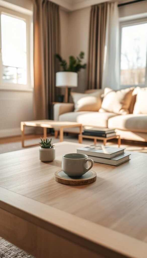 A minimalist coffee table in a serene living room setting, crafted from light wood with clean lines and a smooth finish. The foreground features a cozy arrangement of a few carefully placed minimalist décor items, such as a small potted succulent, a calming coffee cup on an elegant coaster, and a neatly stacked set of art books. The middle ground shows the coffee table set against a soft, inviting couch adorned with neutral-colored pillows. In the background, a large window allows natural light to flood the room, casting gentle shadows that enhance the peaceful atmosphere. The lighting is warm and soft, creating a tranquil, inviting mood perfect for relaxation. The viewing angle is slightly elevated, capturing both the table’s arrangement and the welcoming ambiance of the room. A minimalist coffee table in a serene living room setting, crafted from light wood with clean lines and a smooth finish. The foreground features a cozy arrangement of a few carefully placed minimalist décor items, such as a small potted succulent, a calming coffee cup on an elegant coaster, and a neatly stacked set of art books. The middle ground shows the coffee table set against a soft, inviting couch adorned with neutral-colored pillows. In the background, a large window allows natural light to flood the room, casting gentle shadows that enhance the peaceful atmosphere. The lighting is warm and soft, creating a tranquil, inviting mood perfect for relaxation. The viewing angle is slightly elevated, capturing both the table’s arrangement and the welcoming ambiance of the room.